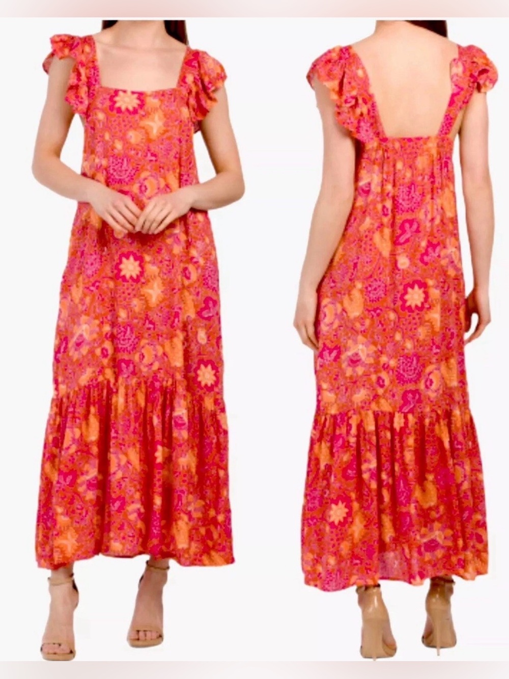 House of Harlow 1960  Smocked Maxi Dress in Orange Floral XS